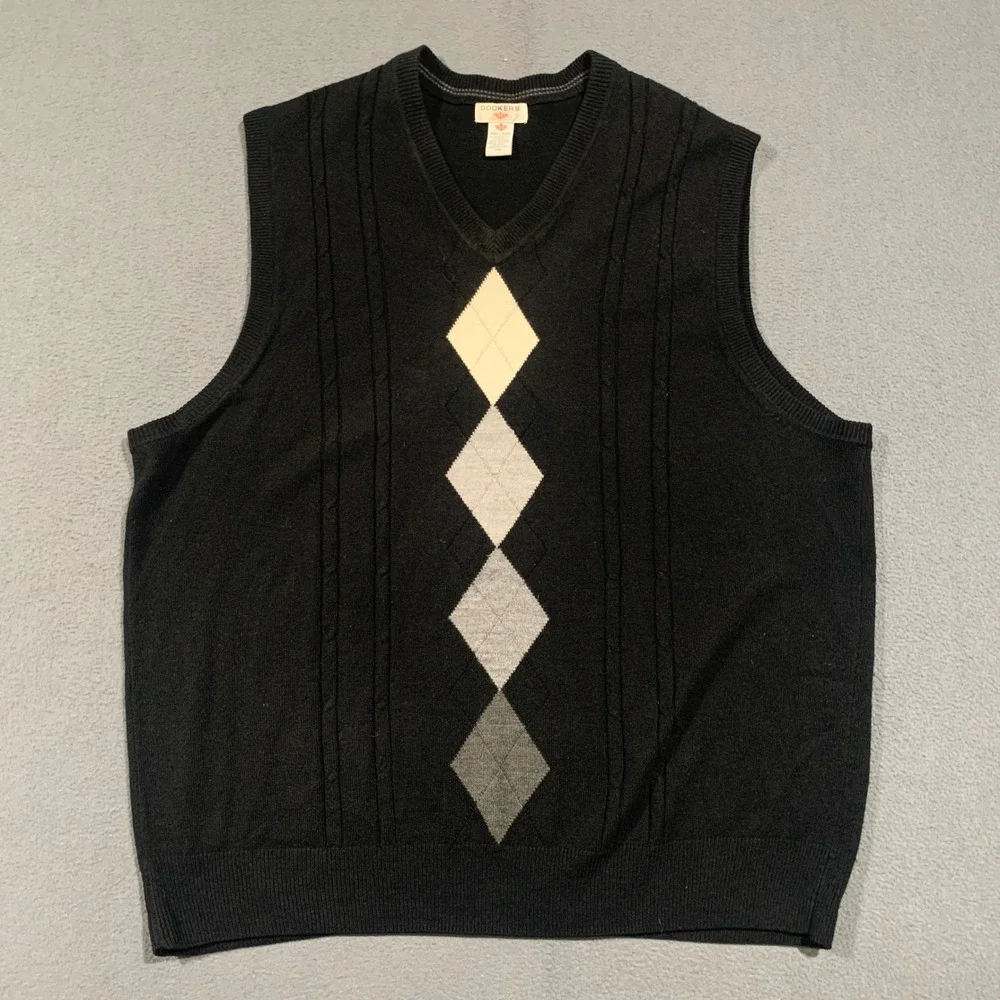 Dockers Sweater Vest Men XXL Black Argyle Cable Knit V-Neck Preppy Academic
